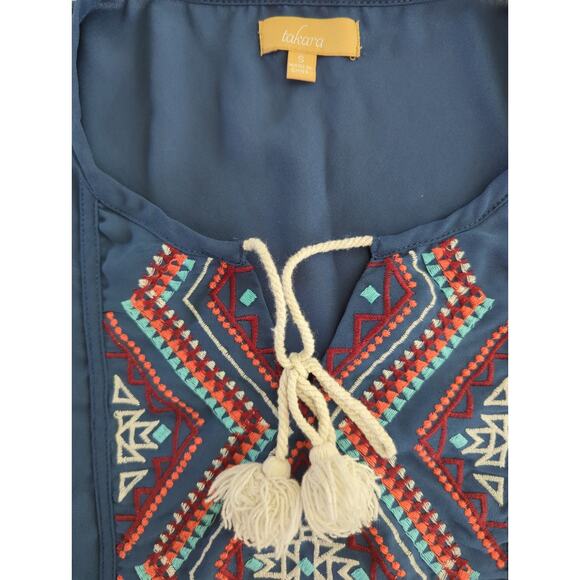 Takara Blue Cream Teal Boho Long Sleev Blouse Tassels Embroidered Womens Size S - Picture 2 of 5